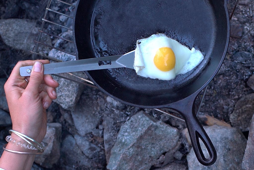Camp kitchen essential: the Splitter titanium utensil used as a spatula is perfect for frying food