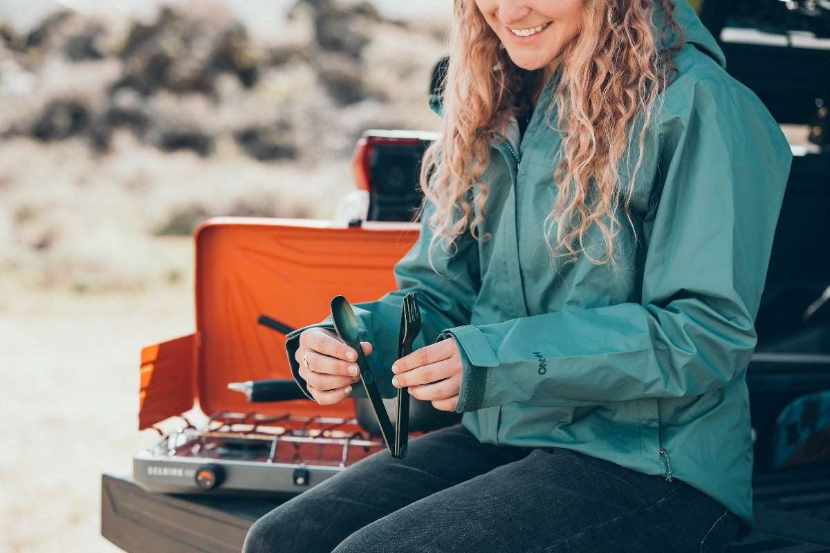 Preparing for outdoor dining with the Forest Green Magware Magnetic utensil set