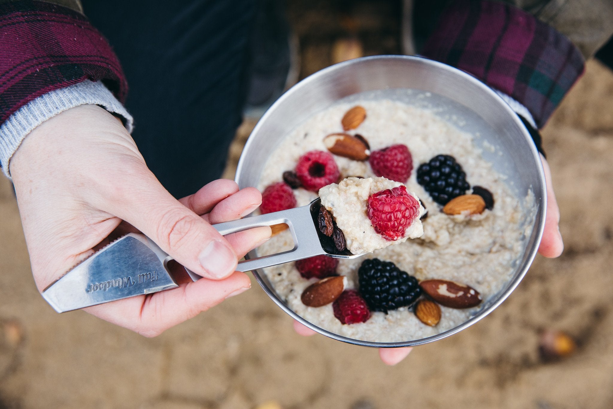 porridge being eaten with spork being used on the full windsor muncher titanium camping utensil