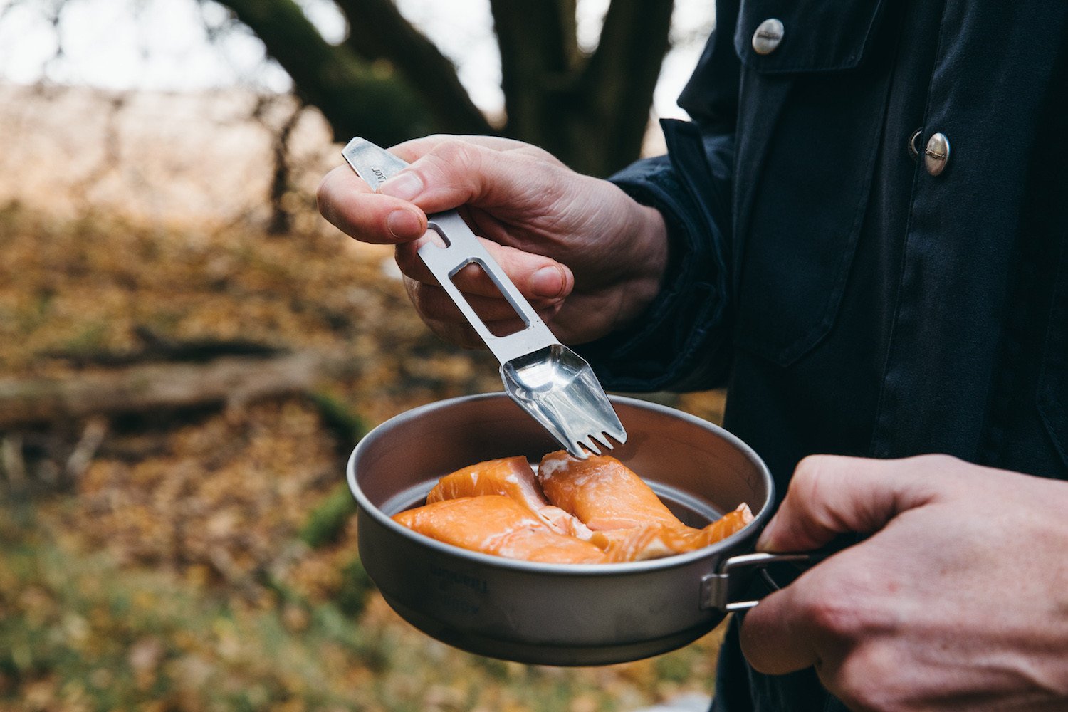 spork being used on the muncher titanium multi camping utensil