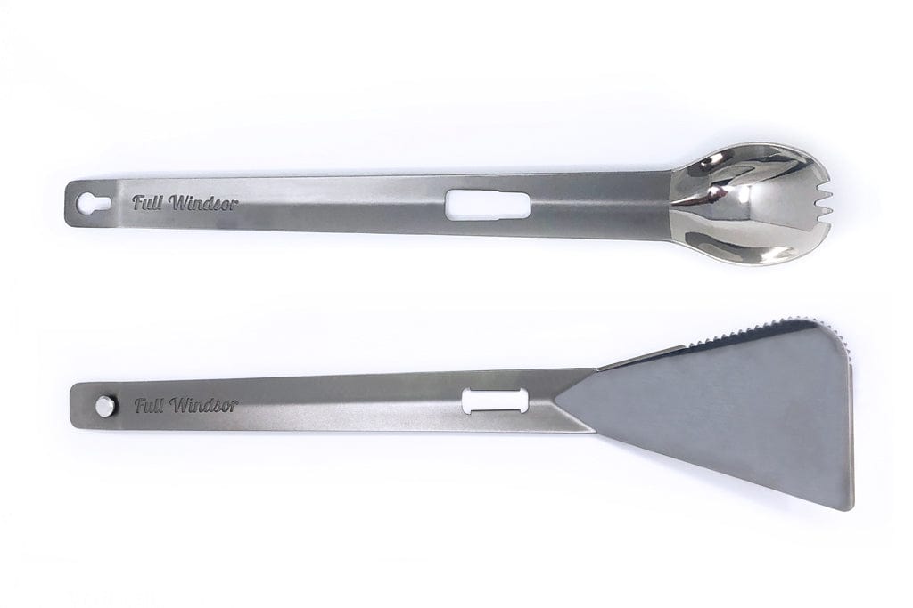 The lightweight Splitter Titanium Multi Tongs functions as a pair of tongs, spatula, and spork